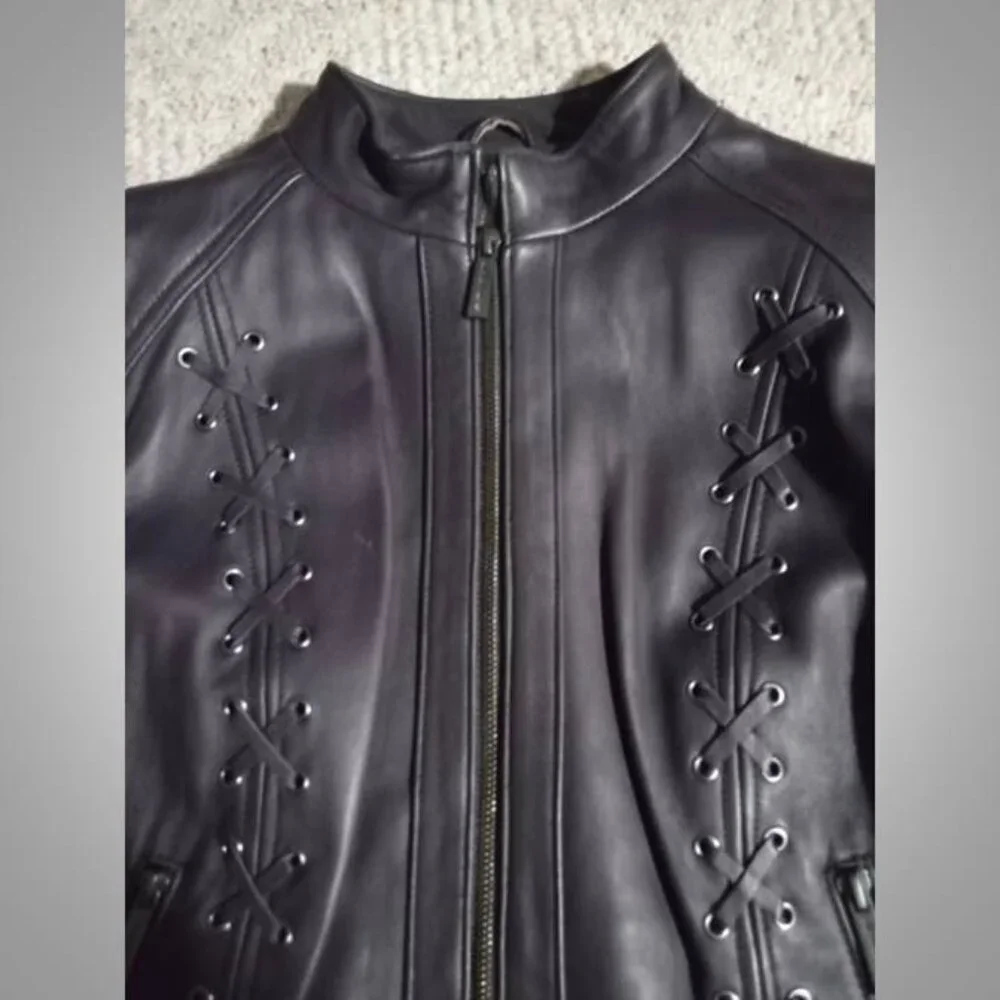 stunning! Michael Kors purple LEATHER jacket Coat size medium moto style